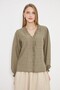 Women's Khaki Collar and Front Ruffle Detailed Long Sleeve Blouse with Elastic Sleeves Arm-25K001030 - 3