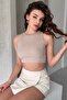 Pack of 5 Crew Neck Corded Fabric Ribbed Knit Crop Tank Top Thick Straps Basic Blouse - 6