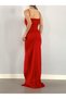 Women's Red Scuba Fabric Slit Strap Evening Dress Graduation Wedding Dress - 6