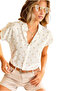 Women's Cream Polka Dot Patterned White Batwing Short Sleeve Shirt with Buttons - 6
