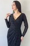 Women's Black Sequin Design Double Breasted Collar Long Sleeve New Season Plus Size Evening Dress - 5