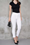 Women's White High Waist Tightening Tight Legged Grass Fabric Trousers - 2