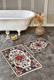 Classic Motif Washable 2-Piece Non-Slip Base Bathroom Mat Set with Red Flowers on Cream Floor - 2