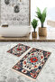 Classic Motif Washable 2-Piece Non-Slip Base Bathroom Mat Set with Red Flowers on Cream Floor