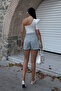 Women's Denim Mini Skirt with Double Pockets on the Back Striped - 7