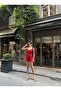 Women's Red Strappy Double Breasted Collar Shorts Jumpsuit (RED) - 2