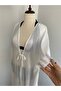 Women's White Floor-To-Collar Striped Silk Blended Fabric Front Tie Pareo - 2