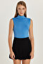 Women's Regular Fit Classic Cut Viscose Fabric Turtleneck Zero Sleeve Blue Blouse - 5