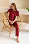Women's Crew Neck Short Sleeve Heart Patterned Pajama Set Burgundy - 6016 - 7