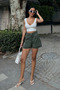 Women's High Waist Wide Leg Pleated Pocket Denim Shorts Khaki - 2