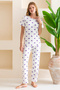 Women's Crew Neck Short Sleeve Heart Pattern Pajamas Suit White Purple - 6016 - 5