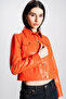 Deri̇club Cardi Women's Cropfit Real Leather Coat Oranj - 5