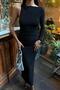 Women's Black One Sleeve Candy Fabric Long Dress - 2