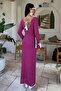 Women's Plum Openwork Knitted Long V-Neck Dress - 2