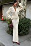 Women's Ecru Crochet Striped Long Sleeve Knitted Dress - 7