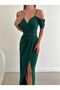 Imported Crepe Evening Dress with Shoulder Detail, Belted Front Slit Detail (Colorful)