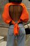 Women's Orange Knitwear Long Sleeve Crew Neck Crop Sweater - 2