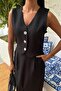 Women's Black Linen V-Neck Sleeveless Suit - 8