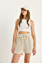 Women's Beige Pinstriped Linen Shorts with Elastic Waist, Button and String Accessories 2536 60281092 - 4