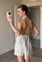 Stone Color Silver Button Back Low-Cut Blouse Shorts Set - 2