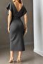 Dark Gray Belted Scuba Fabric Dress with Pearl Detail - 2