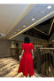 - Red Balloon Sleeve Midi Length Dress - 4