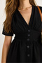 Women's Black V-Neck Waist Detailed Buttoned Short Sleeve Viscose Linen Dress 5260 60281100 - 6