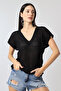 Women's V-Neck Openwork Knitwear Blouse Black