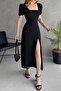 Women's Textured Fabric Slit Square Collar Back Tie Dress