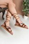 Matte Leatherpowder Ankle Strap Flat Sole Drawstring Bead Detailed Flip Flops Women's Sandals Brown Seva - 2