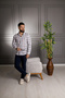 Interview Sarar Goias Button Collar Plaid Pattern Cotton Linen Navy Blue Coffee Shirt