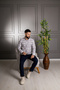 Interview Sarar Goias Button Collar Plaid Pattern Cotton Linen Navy Blue Coffee Shirt - 5