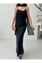Black Shawl Detailed Strap Tulle Dress - 6