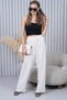 High Waist Wide Leg White Trousers with Lace-Up Waist - 6