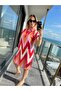 Women's Polo Neck Geometric Patterned Sleeve Drawstring Detailed Linen Pink Dress - 2