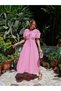Women's Pink Stylish Baby Collar Detailed Lined Muslin Fabric Short Sleeve Summer Dress - 6