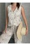 Women's Sleeveless Suit Patterned V Neck Blouse & Wide Leg Pants Set