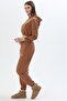 Hooded Zippered Leg Elastic Tracksuit Set Brown - 3