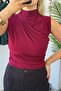 Half Fisherman Sleeveless Gathered Burgundy Blouse - 3