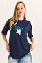 Front Back Printed Crew Neck Tshirt Navy Blue - 2