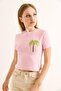 Crew Neck Short Sleeve Crop Blouse Pink - 3