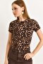 Zebra Pattern Ribbed Knitted Fabric Brown Blouse - 4
