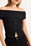 Boat Neck Button Detailed Ribbed Knitted Blouse Black - 6