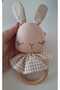 Rabbit Teether Handmade, Beige & Beige Gingham Color 100% Cotton Fabric, 100% Natural Wood - 2