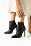10.5 cm Black Skin Pointed Toe Women's Heeled Boots - 2