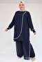 47064 Plus Size Stone Print Detail Sandy Chiffon Pants Suit - Navy Blue