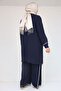 47064 Plus Size Stone Print Detail Sandy Chiffon Pants Suit - Navy Blue - 5
