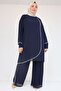 47064 Plus Size Stone Print Detail Sandy Chiffon Pants Suit - Navy Blue - 3