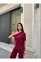 Burgundy Polyester Linen Polo Neck Suit - 5