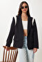 Women's Black Bone Contrast Color Padded Woven Blazer Jacket Rg00076